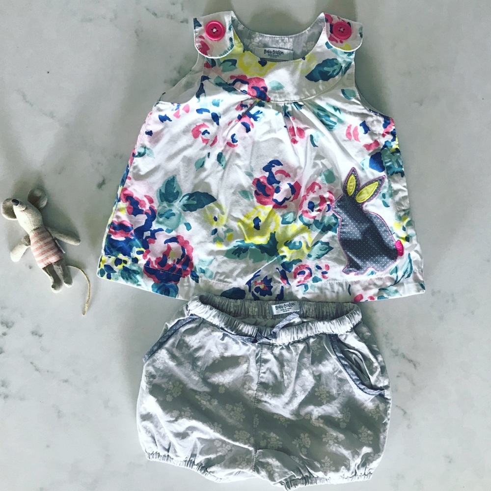 Mini Boden Baby Play Set Floral Rabbit Detail 3-6m